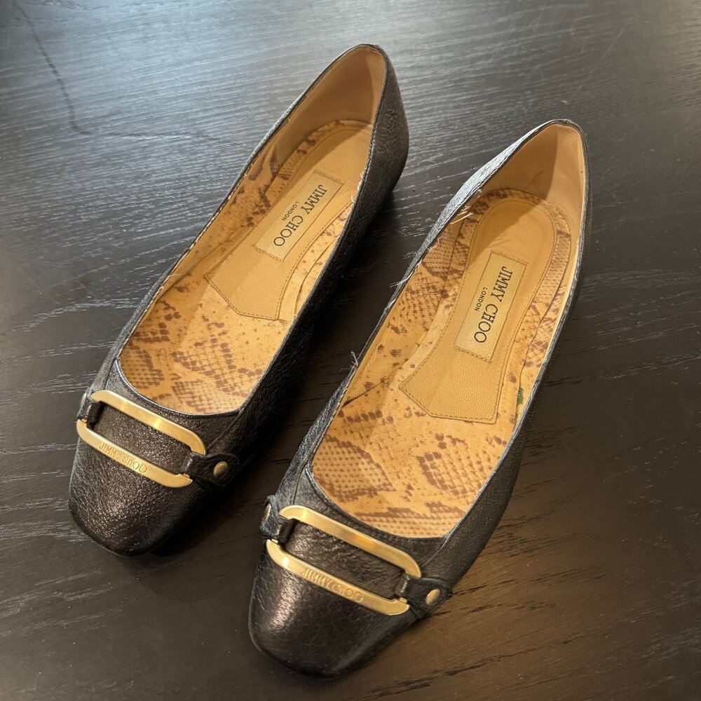 Jimmy Choo Black Leather Gold Flats Buckle 38.5